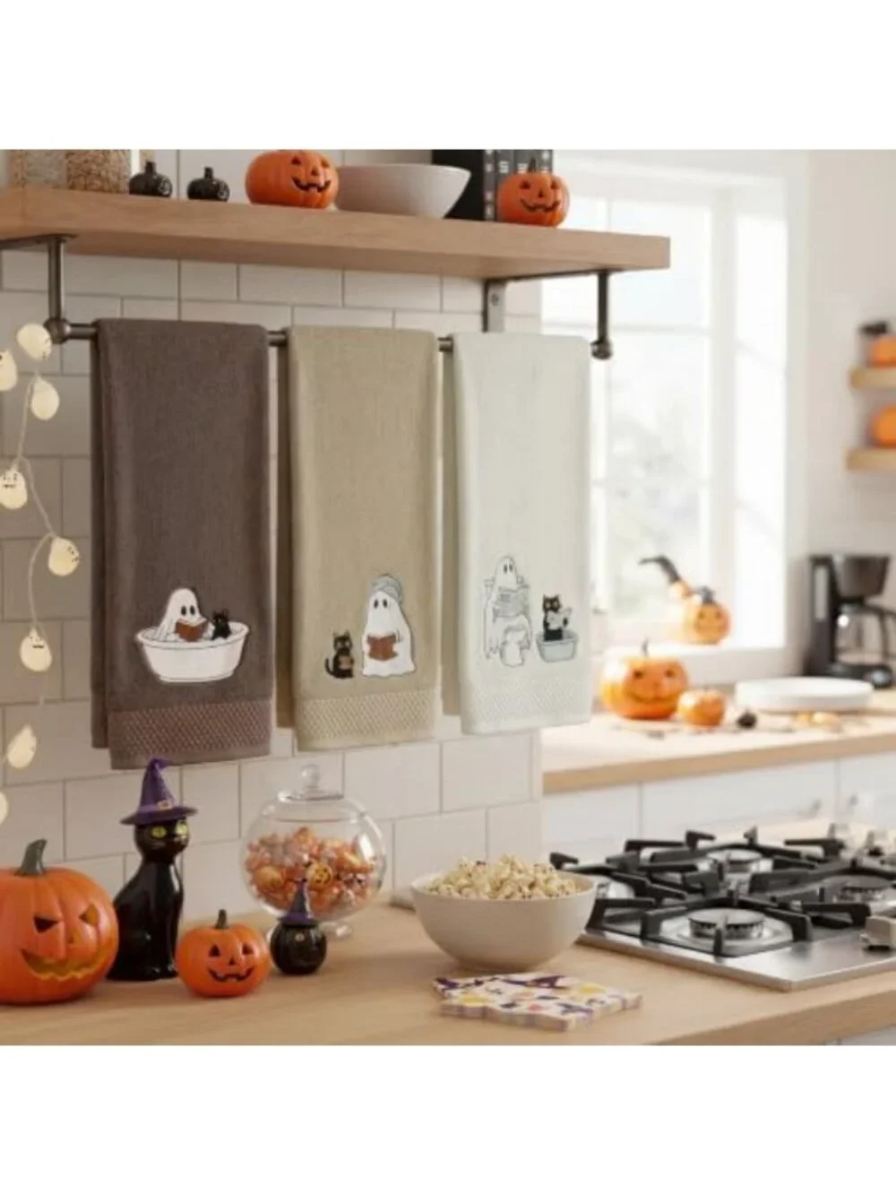 Set of 3 Halloween Hand Towels - 100% Cotton, Embroidered Ghost Design